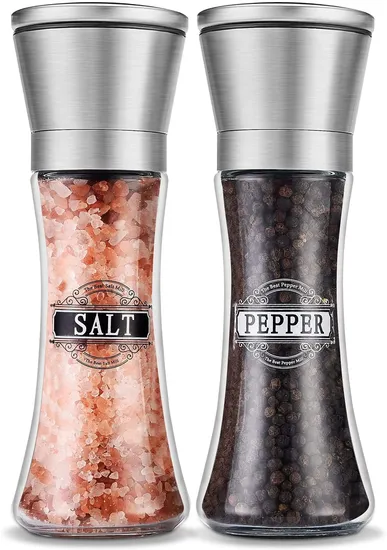 Bouteille de cuisine réglable avec couvercles en plastique et acier inoxydable, salière et moulin à poivre manuels avec bouteille en verre