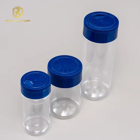 Conteneur vide en vrac, pot rond en plastique pour épices et poudre, bouteille d'emballage en plastique PET avec couvercle noir pour shaker à épices