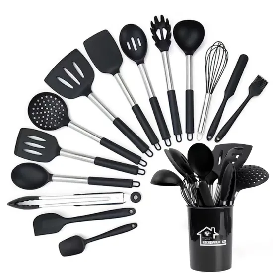 Ustensiles de cuisine en silicone non toxiques, vente en gros en Chine, spatule, louche, ustensiles de cuisine en acier inoxydable/silicone