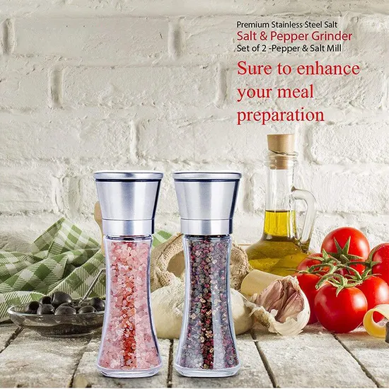 Ensemble de moulins à sel et à poivre réglables en céramique en acier inoxydable avec bouteille en verre d'assaisonnement